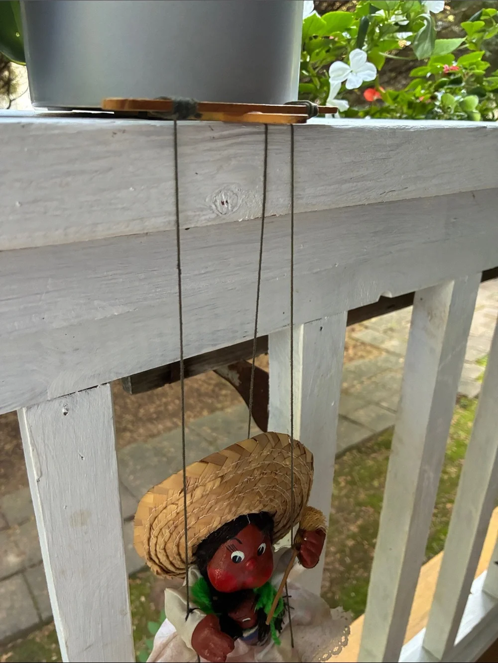 Handcrafted Red Face Girl Marionette Doll with Straw Hat